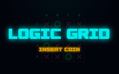 LOGIC GRID title screen in neon arcade style; gameplay plays on hover
