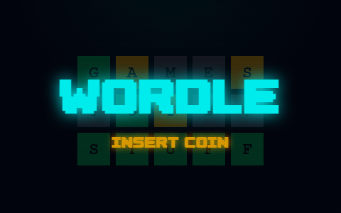 WORDLE title screen in neon arcade style; gameplay plays on hover